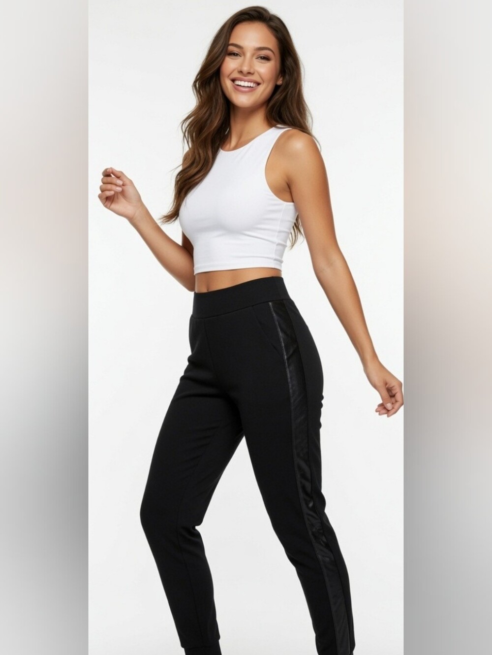 Susan Graver Women's Black Jogger Pants w Side Faux Leather Stripe ( Size:1x)
